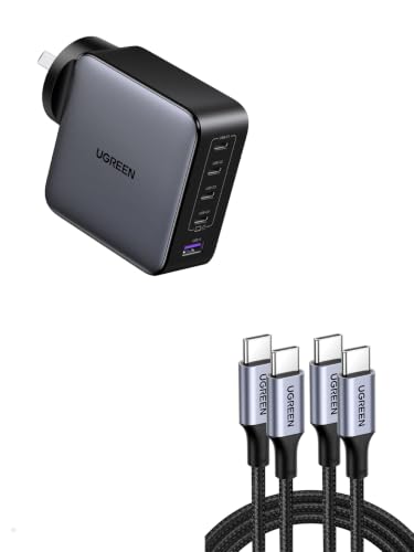 UGREEN 100W USB C Charger 5 Ports Nexode GaN II Fast Charging Block Bundle with 2 Pack 100W USB C to USB C Cable 2M
